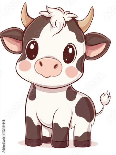 A cute and happy cartoon cow in a simple character design. Wearing a bell around its neck.