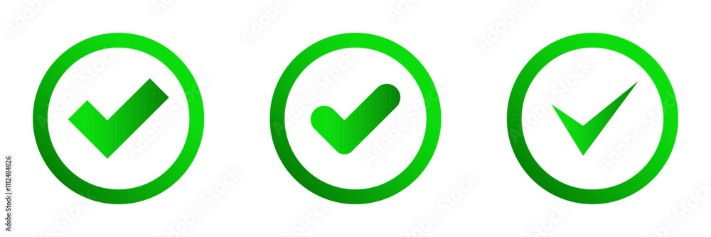 Green checkmark icons for approval or validation in a clean vector style. Green checkmark icons for approval or validation in a clean vector style.