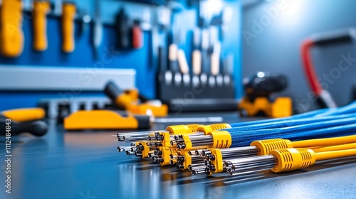 Neatly Arranged Fiber Optic Connectors on a Workbench with Tools in the Background photo