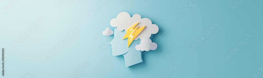 Paper head with clouds and thunderstorm on blue background. Concept template banner of depression, premenstrual syndrome, mental disorders and mental problems with space for text Paper head with clouds and thunderstorm on blue background. Concept template banner of depression, premenstrual syndrome, mental disorders and mental problems with space for text