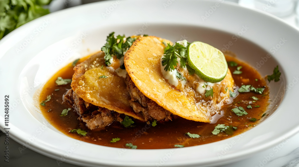 Lamb Shank Birria Tacos with Consomme and Lime Crema, Mexican Main Course Photography Lamb Shank Birria Tacos with Consomme and Lime Crema, Mexican Main Course Photography
