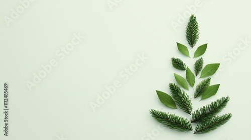 Minimalist Eco-Friendly Christmas Tree Illustration with Green Leaves and Pine Branches on Soft Green Background for Modern Holiday Decor and Sustainable Seasonal Design Concepts