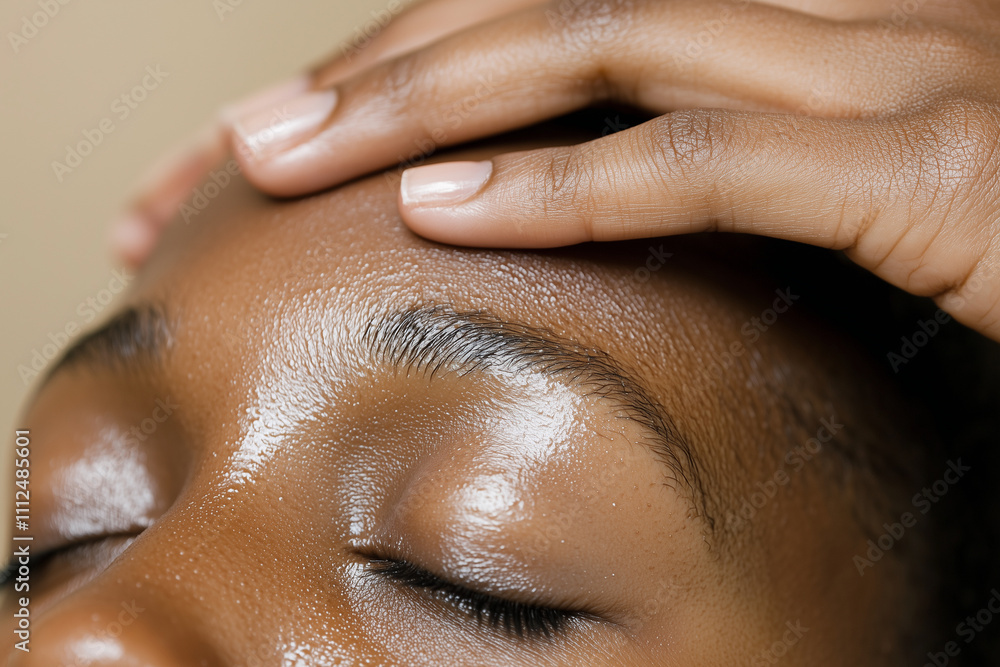 Naklejka premium peaceful close up of gentle acupressure applied to person forehead, showcasing relaxation and self care. skin appears smooth and hydrated, emphasizing wellness