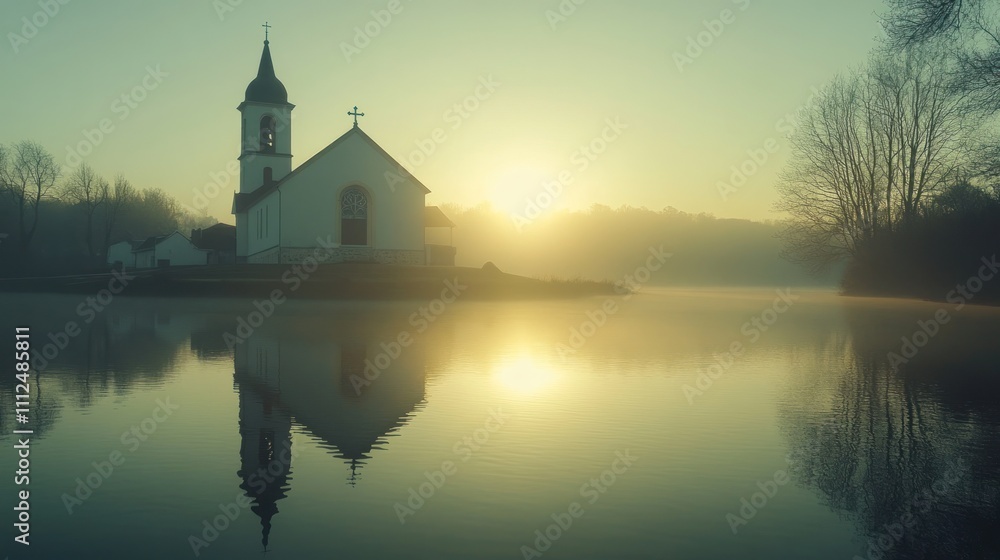A serene church silhouette at sunrise, reflected in calm waters amidst morning mist. A serene church silhouette at sunrise, reflected in calm waters amidst morning mist.