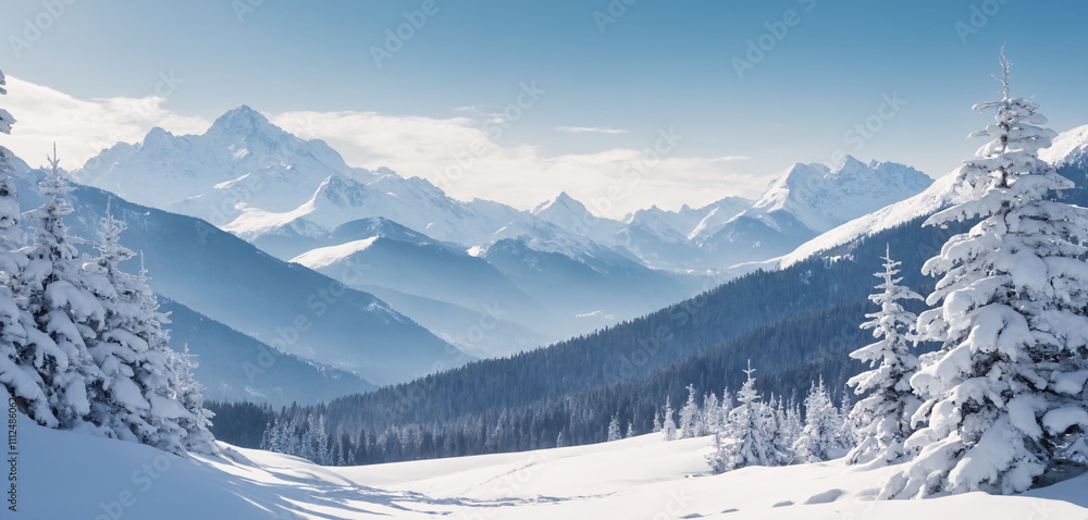 Snowy winter landscape. The mountains are covered with snow. Snowy winter landscape. The mountains are covered with snow.