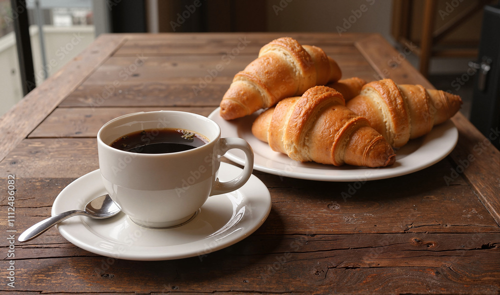 Minimalist Composition of Croissants and Coffee on a Rustic Wooden Table with Soft Natural Light Minimalist Composition of Croissants and Coffee on a Rustic Wooden Table with Soft Natural Light