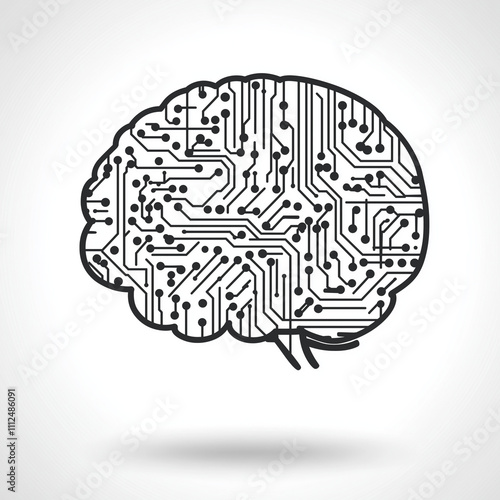 A stylized brain icon with circuit lines on a white background, representing artificial intelligence.