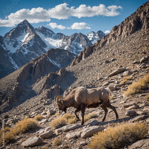 A golden eagle perched on a rock, overlooking a dramatic mountain vista with sunrays breaking through the clouds. photo