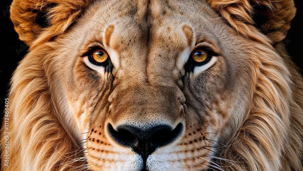 Majestic lion staring with intense gaze on dark background Majestic lion staring with intense gaze on dark background