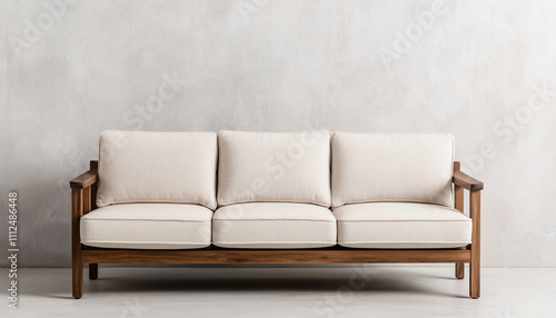 Minimalist wooden sofa with white cushions against a neutral backdrop, exemplifying modern interior design elegance and comfort.