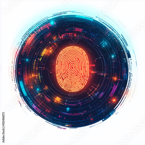 A glowing digital fingerprint in the center, symbolizing data security, with a white background.
