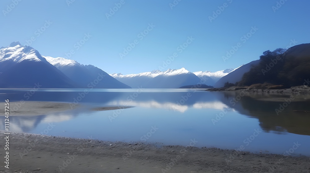 Serene mountain lake reflecting snow capped peaks Serene mountain lake reflecting snow capped peaks