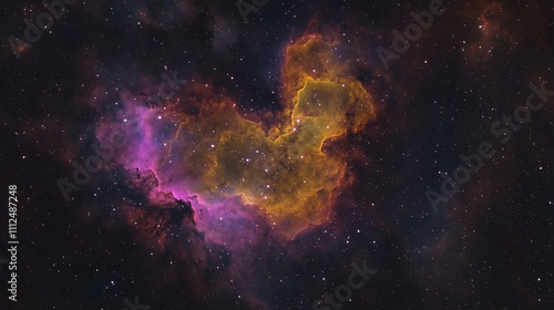 A colorful nebula in a dark expanse with luminous streaks of purple and yellow gases