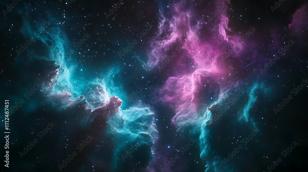 Cosmic formations of a nebula in bright tones of magenta and cyan contrasting the black sky Cosmic formations of a nebula in bright tones of magenta and cyan contrasting the black sky