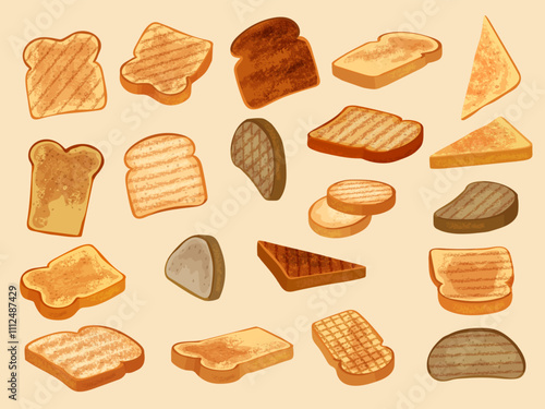 Toasts. Cartoon fried bread toasts pieces different types and shapes recent vector bread for breakfast