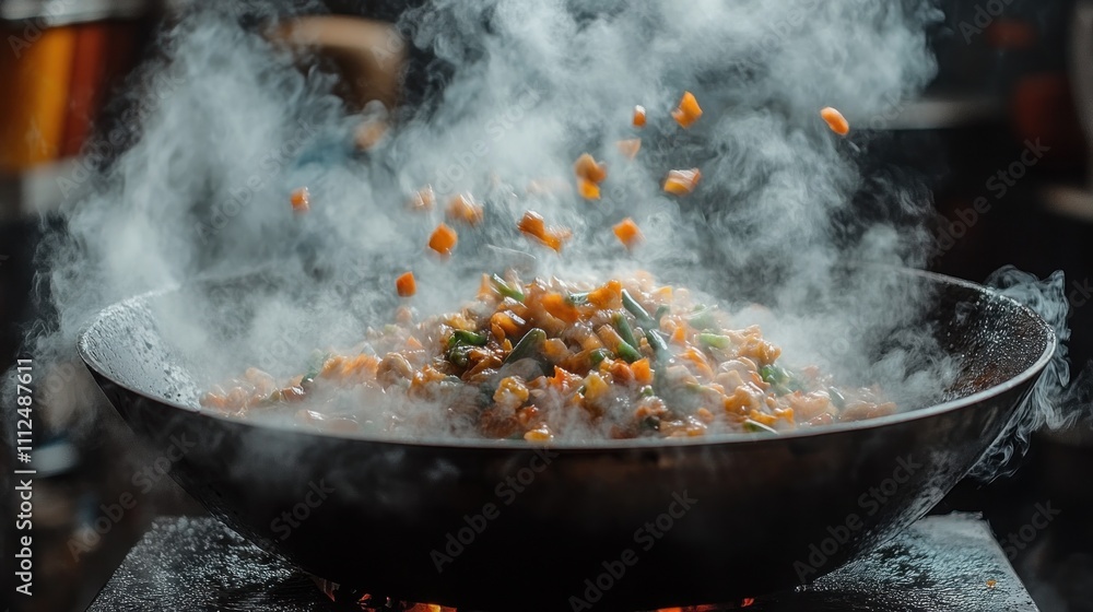 A sizzling stir-fry in a wok, with colorful ingredients and steam rising. A sizzling stir-fry in a wok, with colorful ingredients and steam rising.