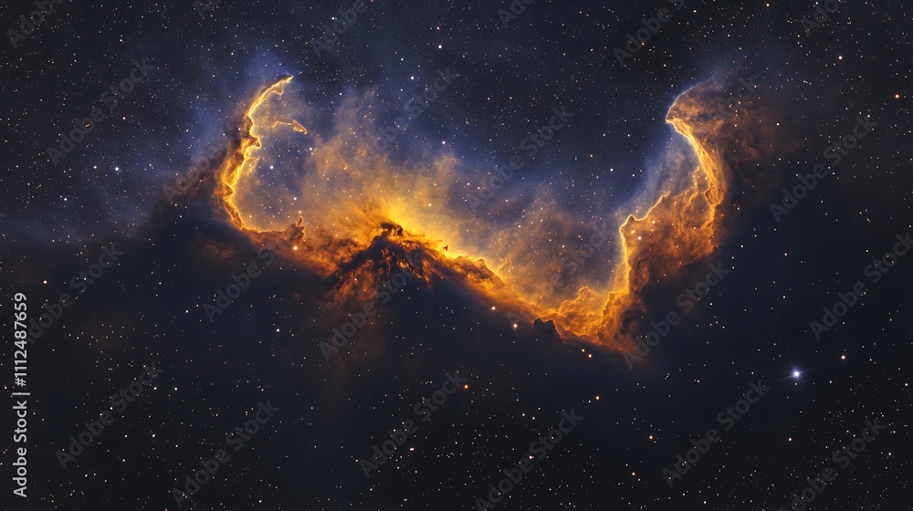 A nebula with wispy clouds of lavender and orange illuminated by faint starlight A nebula with wispy clouds of lavender and orange illuminated by faint starlight