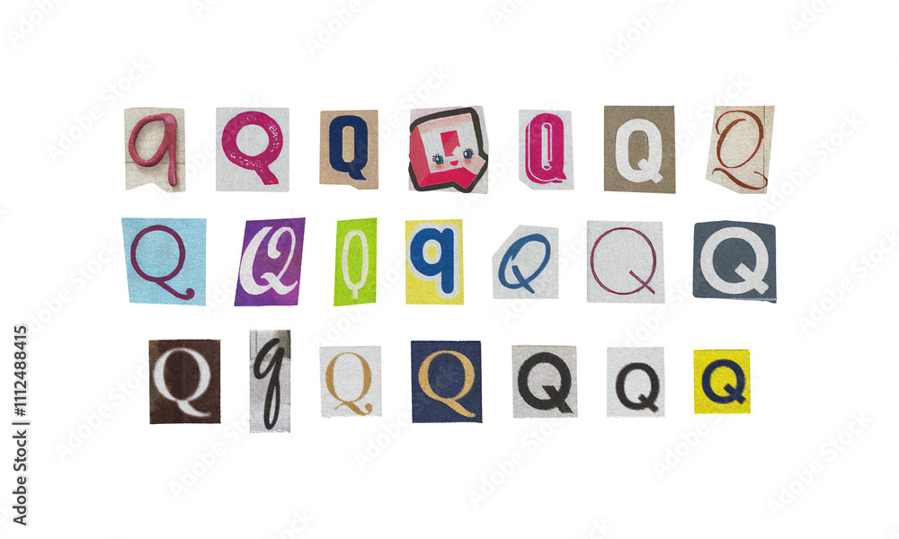 Set of cut-out letter “Q” from magazines on a transparent background, retro y2k ransom font style Set of cut-out letter “Q” from magazines on a transparent background, retro y2k ransom font style