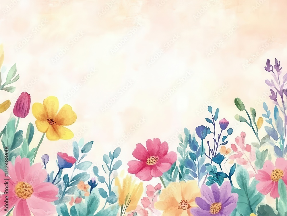 Fototapeta premium watercolor illustration bursting with colorful flowers, blending soft hues and playful strokes, creating a cheerful festive atmosphere perfect for celebrations