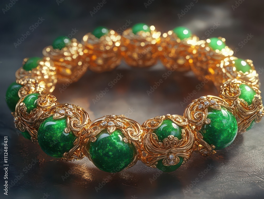 Craft a striking image of a golden and jade lucky charm bracelet, seemingly floating with a mystical glow, capturing the essence of ethereal beauty, high in detail Craft a striking image of a golden and jade lucky charm bracelet, seemingly floating with a mystical glow, capturing the essence of ethereal beauty, high in detail