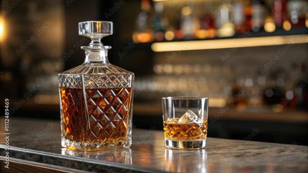 A faceted decanter of whiskey, next to it a glass 2/3 full of whiskey, a set, stand on a bar counter, the bar in the background is blurred. A faceted decanter of whiskey, next to it a glass 2/3 full of whiskey, a set, stand on a bar counter, the bar in the background is blurred.