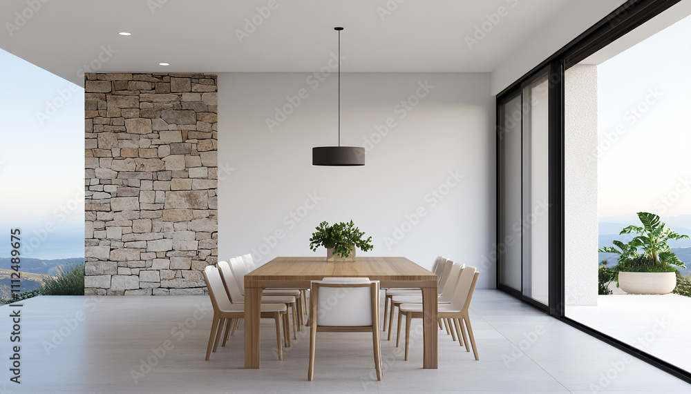 Fototapeta premium Modern dining area with ocean view, featuring minimalist design, natural elements, and abundant sunlight.