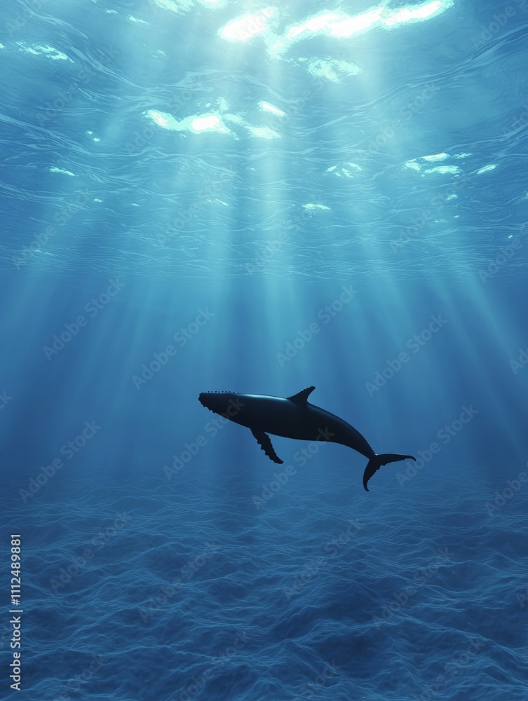 Fototapeta premium Graceful shark gliding through sunlit waters ocean depths underwater photography serene environment dreamlike viewpoint marine life exploration