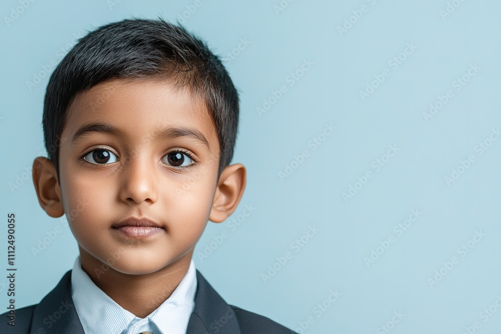Serious young boy in formal suit on blue backdrop Serious young boy in formal suit on blue backdrop