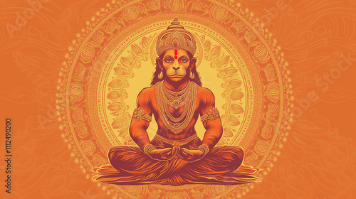 Hanuman Jayanti banner depicting illustration of Hanuman in sitting meditation pose, golden halo background with traditional Indian floral motif, Ai generated images