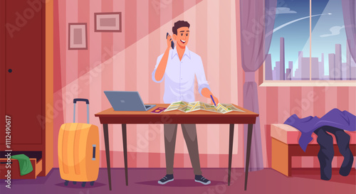 Tourists planning. Adventure organization for travellers exact vector concept pictures of booking hotel and buying tickets