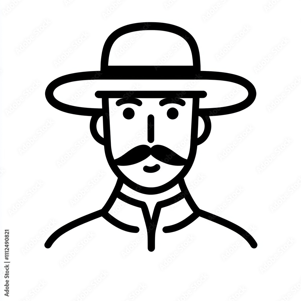 Line art illustration of a man with a mustache wearing a wide-brimmed hat. Line art illustration of a man with a mustache wearing a wide-brimmed hat.