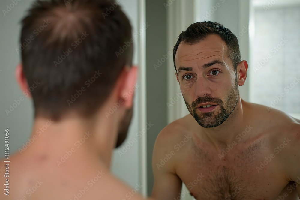 Person examining thinning hair in mirror, reflecting on aging and self-care. Embracing natural changes and prioritizing health and well-being. Person examining thinning hair in mirror, reflecting on aging and self-care. Embracing natural changes and prioritizing health and well-being.