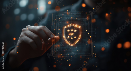 Digital Shield, glowing protection interface, hand interaction, technology security theme, dark background ambient lights
