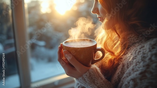 A close-up of a person's hands holding a mug of hot coffee, with the steam rising and blending into the soft morning light streaming through a window, casting gentle shadows on the table and surroundi photo