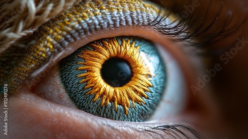 A close-up of a human eye showing striking blue and orange patterns, with fine details in the iris and eyelashes, creating a captivating visual effect.