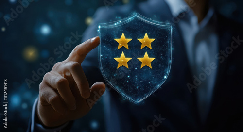 Digital protection concept, hand touching glowing shield with stars against dark backdrop, conveys security and excellence