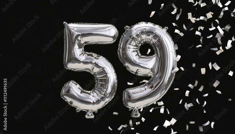 Silver birthday / anniversary balloon, number 59, black background with confetti Silver birthday / anniversary balloon, number 59, black background with confetti