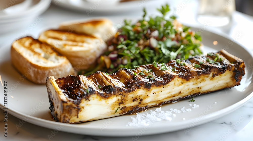 Grilled Bone Marrow with Oxtail Jam and Sourdough, Rich Appetizer Photography Grilled Bone Marrow with Oxtail Jam and Sourdough, Rich Appetizer Photography