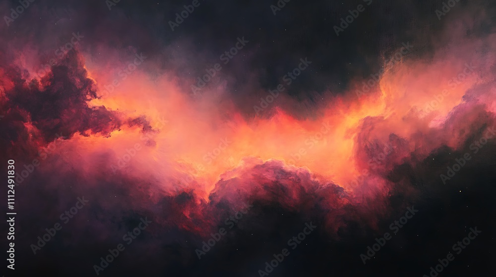 Fototapeta premium Wispy clouds of a nebula with soft pinks and oranges glowing against the black void