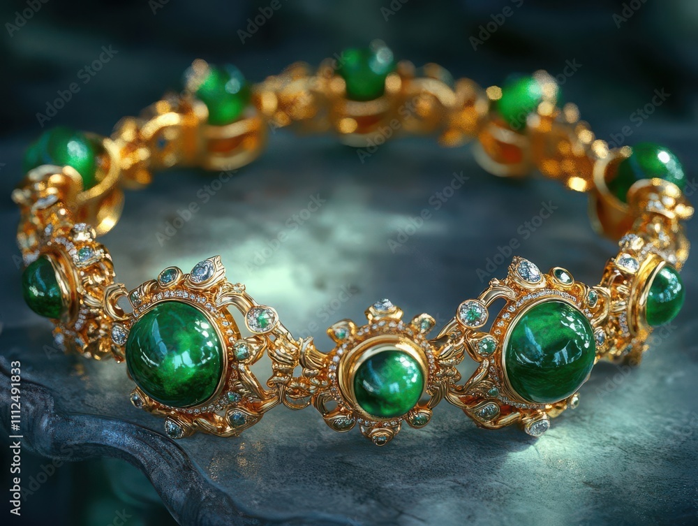 Design a stunning portrayal of a radiant charm bracelet made of gold and jade Design a stunning portrayal of a radiant charm bracelet made of gold and jade