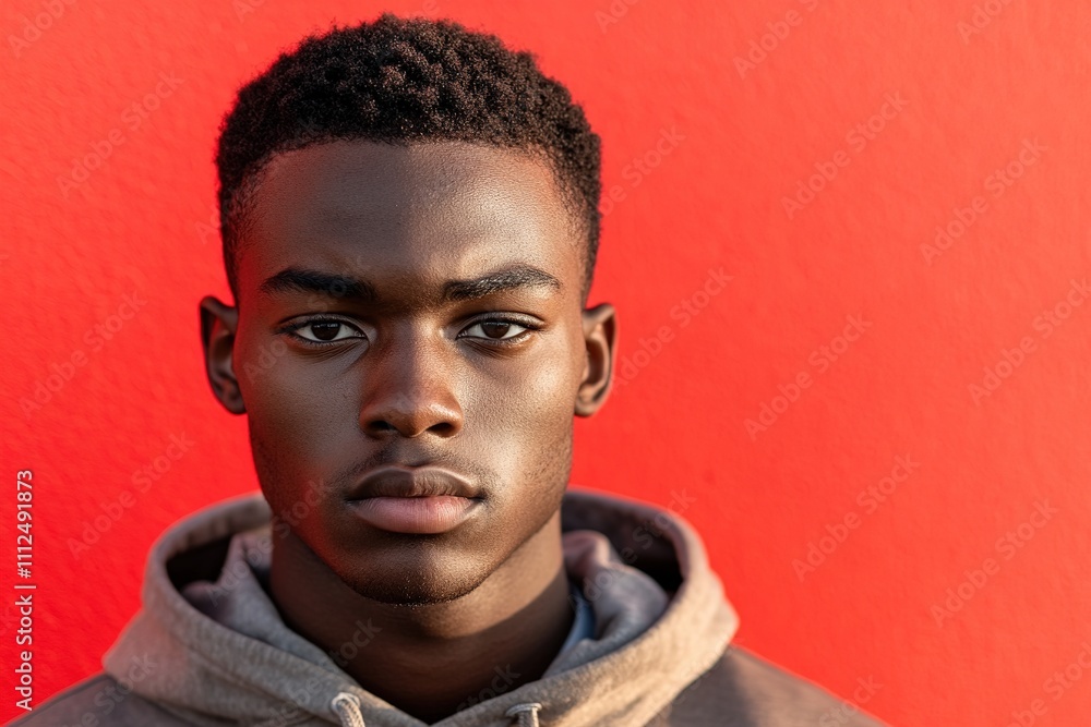 Young black man with serious expression against red wall