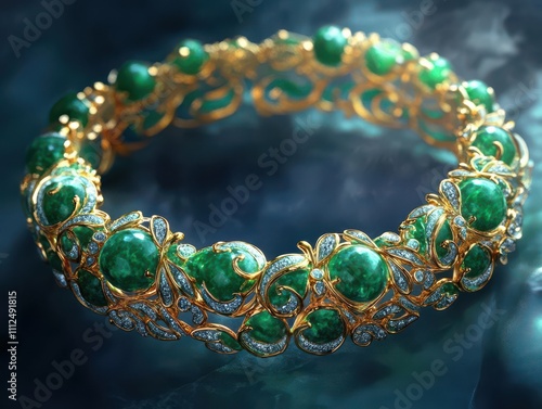 Design a stunning portrayal of a radiant charm bracelet made of gold and jade