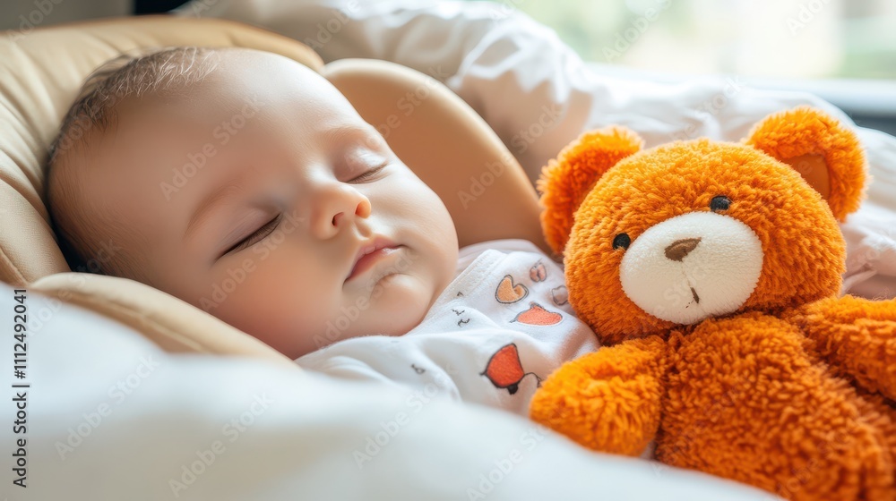 Adorable sleeping baby in a cozy chair, surrounded by soft blankets, holding a cute orange teddy bear, capturing a moment of peace and tranquility in a warm and loving environment Adorable sleeping baby in a cozy chair, surrounded by soft blankets, holding a cute orange teddy bear, capturing a moment of peace and tranquility in a warm and loving environment