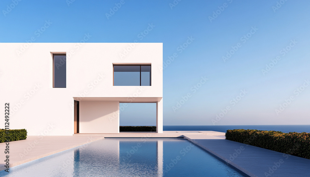 Modern minimalist house with a swimming pool against a clear blue sky and ocean view, capturing serene coastal living. Modern minimalist house with a swimming pool against a clear blue sky and ocean view, capturing serene coastal living.