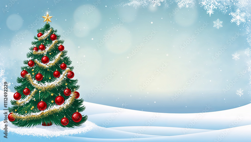 Christmas tree with red baubles and golden garland in snowy landscape Christmas tree with red baubles and golden garland in snowy landscape