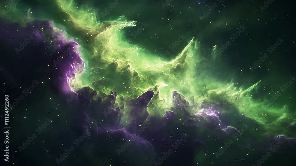 The dramatic formation of a nebula with layers of green and violet interspersed with glowing stars The dramatic formation of a nebula with layers of green and violet interspersed with glowing stars