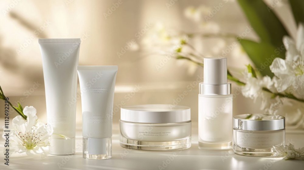 product photograph of luxurious skincare products, white, crisp, pure and natural product photograph of luxurious skincare products, white, crisp, pure and natural