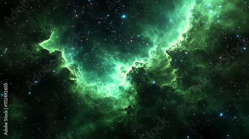 The dramatic formation of a nebula with layers of green and violet interspersed with glowing stars