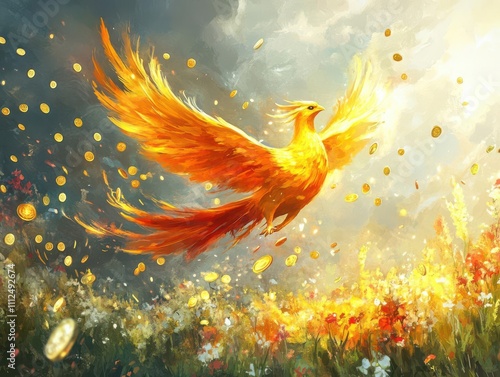 Illustrate a golden phoenix soaring above a meadow, raining coins and jewels, with a mystical ambiance and a color scheme symbolizing rebirth and luck, using watercolor techniques