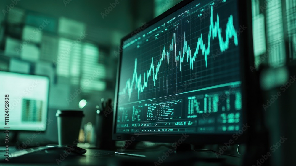A computer monitor displays financial data and graphs in a dimly lit office environment. A computer monitor displays financial data and graphs in a dimly lit office environment.